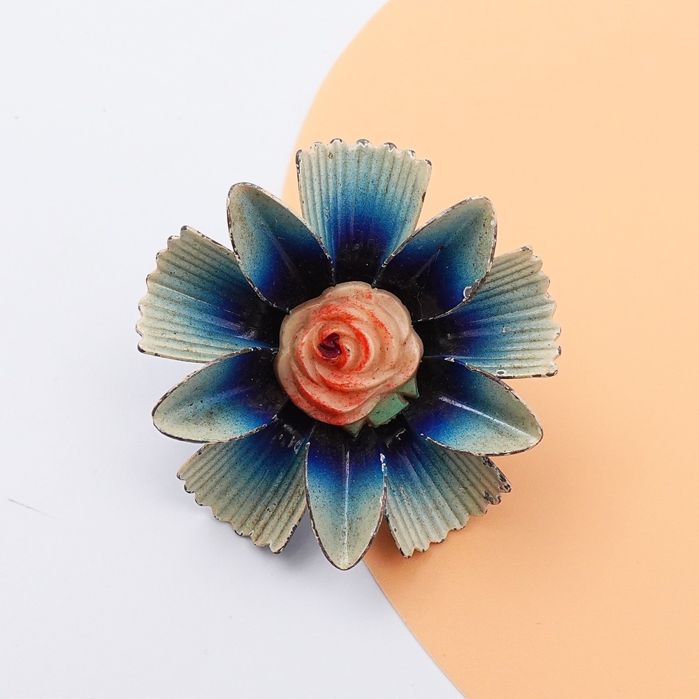 VTG Metal‎ Enamel Blue 3D Flower Tack Pin Brooch Molded Bisque Peach Rose Mod 2"